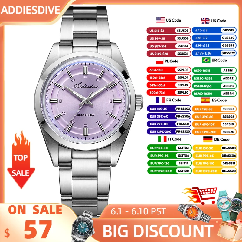 

ADDIESDIVE Watch For Men New 36mm Purple Quartz Wristwatch Domed Glass 100m Waterproof BGW9 Luminous Stainless Steel VH31 Watch