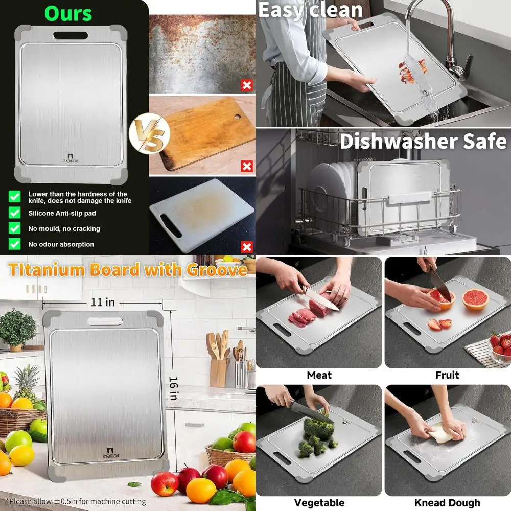 

Двусторонняя разделочная доска из чистого титана с канавками, силиконовая противоскользящая, 11x15 дюймов, серая для использования на кухне