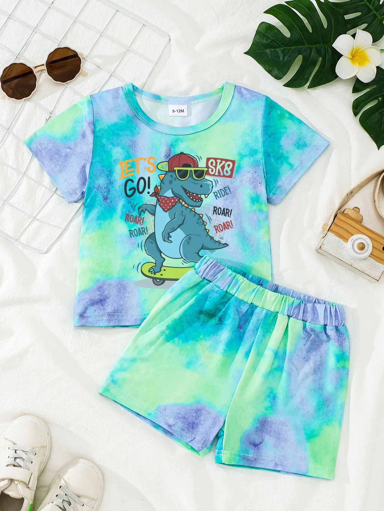 Summer Baby Boys Clothing Set Tie-Dye Dinosaur Skateboard Print Short Sleeve Tee & Elastic Waist Shorts 2Pcs Casual Playwear Tod