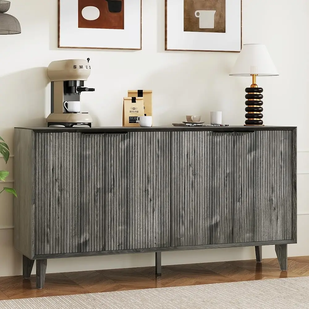 

Fluted Cabinet With Storage, Buffet Sideborad With 4 Doors Kitchen Buffet Storage Accent Cabinet With Adjustable Shelves For
