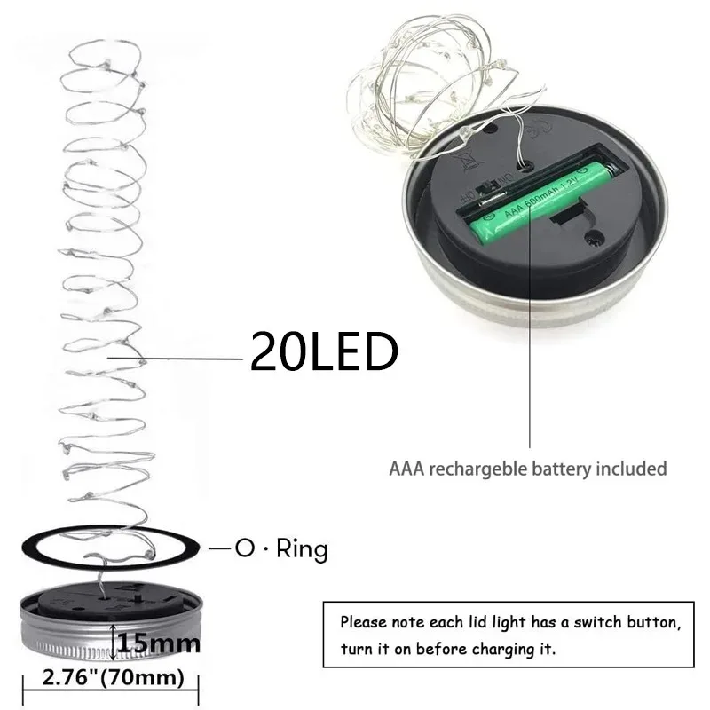 Solar Powered Mason Jar Lid String Lights 20 Led Fairy Lights with Handles Outdoor Waterproof for Patio Garden Party Decoration
