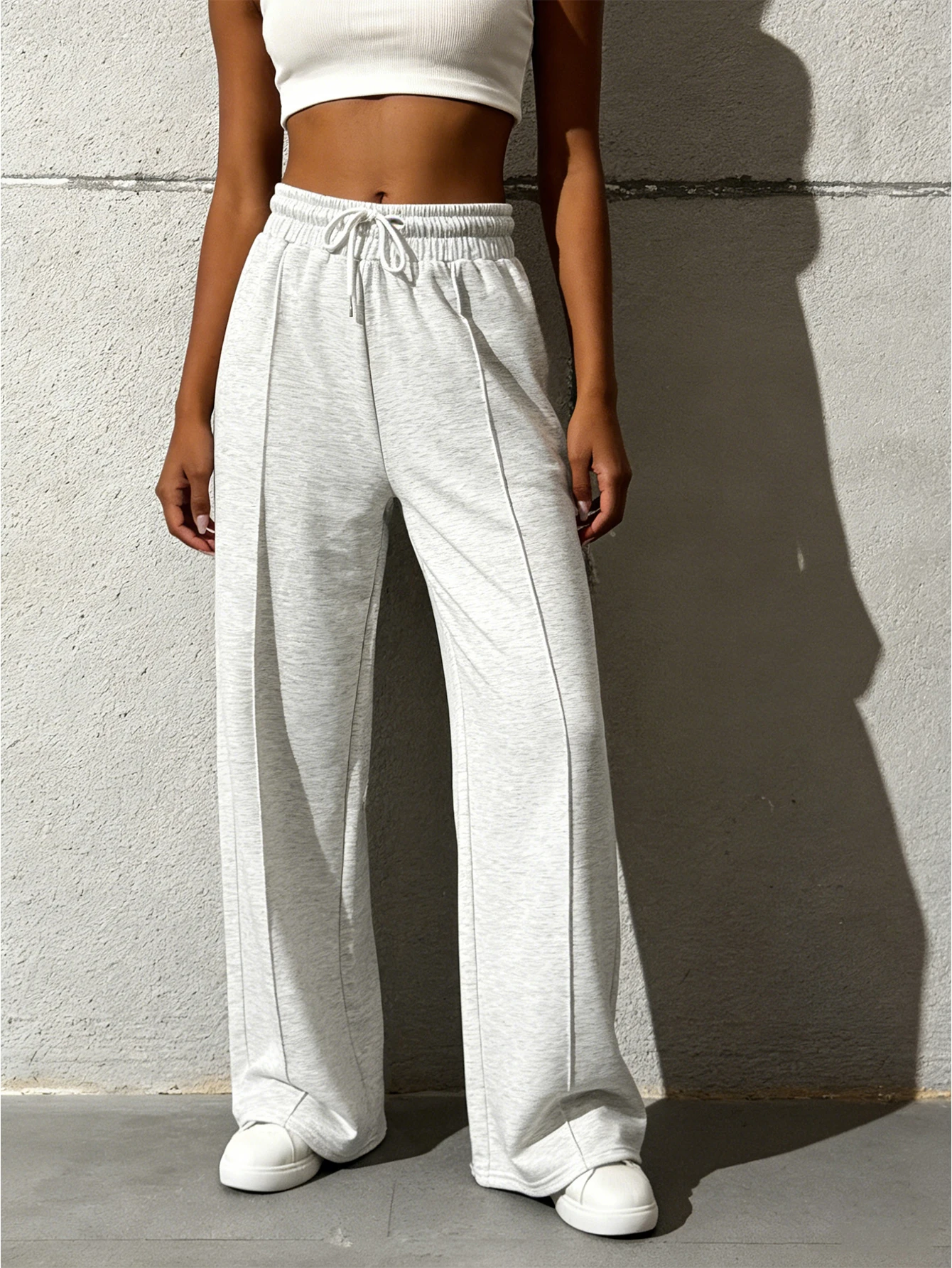 Neue Damen-Sweatpants mit weitem Bein, Streetwear, hohe Taille, baggy, graue Sporthose, Damen-Jogginghose mit Kordelzug, lässige, lockere Hose – Detail 2
