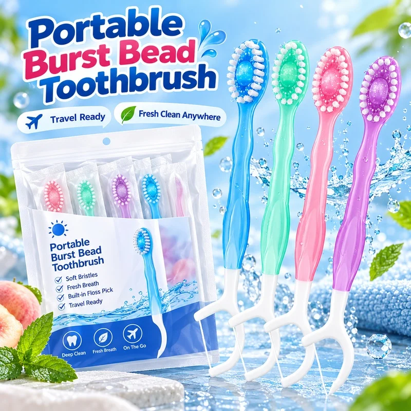 16PCS Disposable Toothbrush Set 4 Flavors Burst Bead Soft Bristle Floss Pick Portable Travel Oral Care Kit