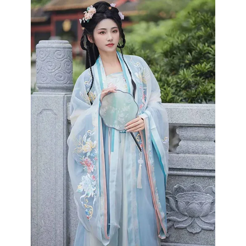 فستان هانفو كبير الحجم للنساء الصيني التقليدي القديم أزياء هانفو التأثيرية المطرزة باللون الوردي والأزرق فستان حفلات هانفو مقاس كبير