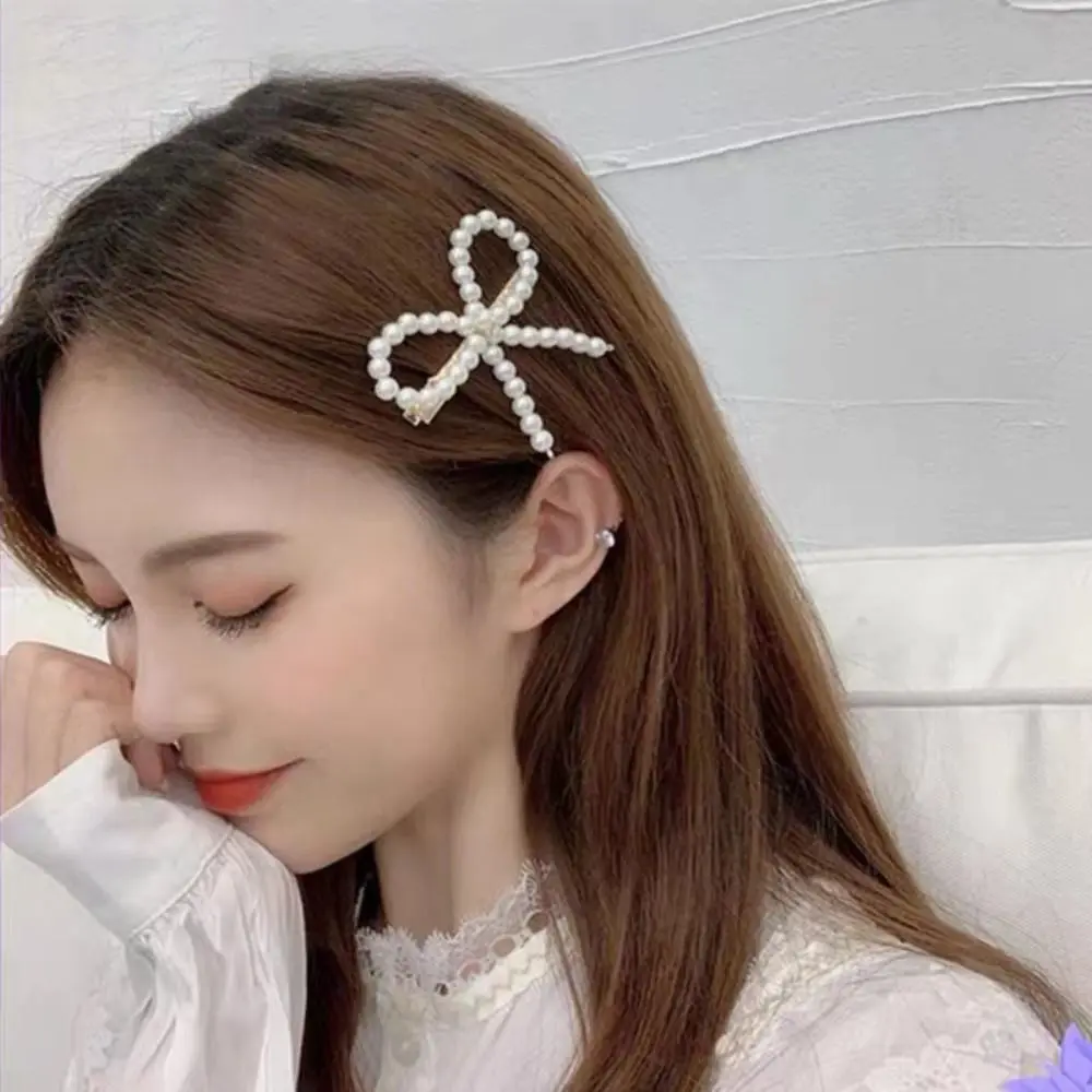 Y2k Pearl Bowknots Hairpins Hair Accessories Vintage Sweet Duck Billed Clip Korean Fashion Bangs Hairclip For Women Girls
