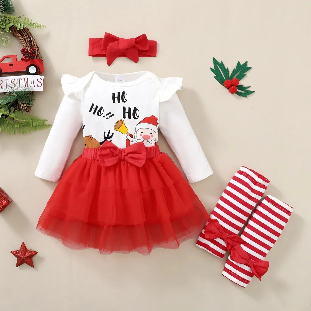 Newborn Baby Girl Christmas 4PCS Clothing Set Santa Long Sleeve Bodysuit+Mesh Skirt+Headwear+Stockings 0-18M Baby Festival Wear