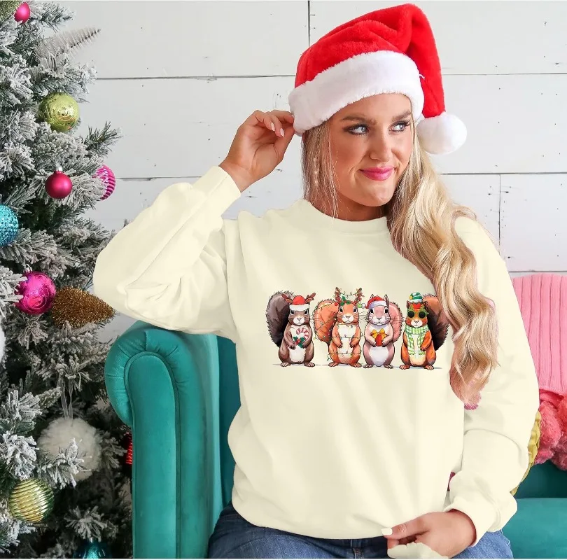 JINTING クリスマスプルオーバー 女性用 リス クリスマスライト スウェットシャツ かわいいクリスマスグラフィック 長袖プルオーバー 冬用パーカー