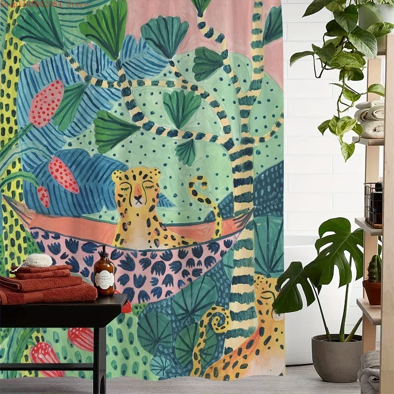 a cartoon leopard print shower curtain window curtain  -   With Hooks Waterproof Mildew Proof Easy Install Washable