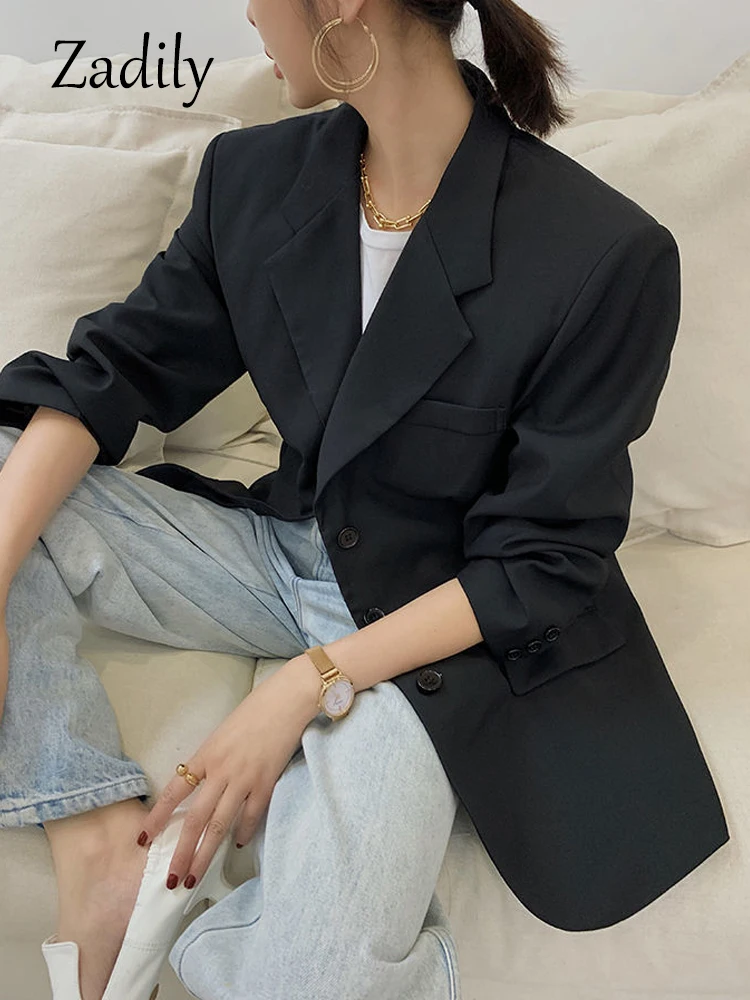 Zadily 2022 Autum Oversize Long Sleeve Black Women Blazer Normcore Style BF Pocket Jackets Coat Office Lady Work Female Clothing