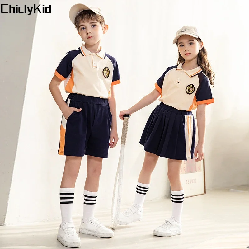 Boy T Shirt Sport Shorts Girl Short Sleeve Polo Shirt Skirt Kids Summer School Uniform Clothes Set Students Child British Outfit