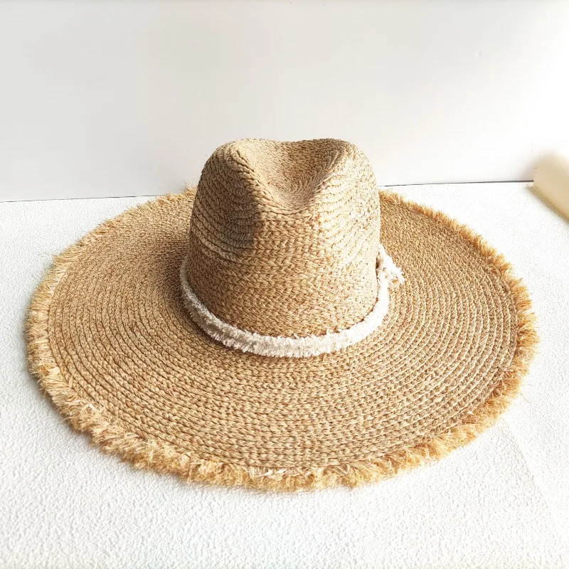 Women's Premium Sense Natural Raffia Straw Hat Large Brim Sweet Fur Edge Sun Hat Breathable Comfort Beach Hat Travel Holiday Cap