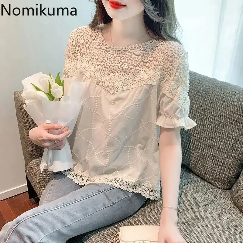 Summer Women Blouse Oversized Tops 2024 Blusas Mujer De Moda Patchwork Lace Short Sleeve Shirts Hollow Out Loose Vintage Blouses