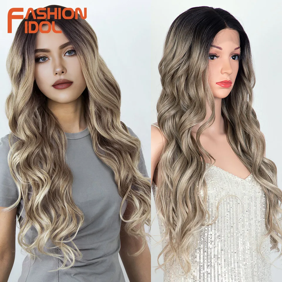 

FASHION IDOL 30-дюймовые длинные глубокие волнистые парики фронта шнурка Синтетические парики средней части шнурка Ombre Блондинка Серые парики для женщин Рыжие парики