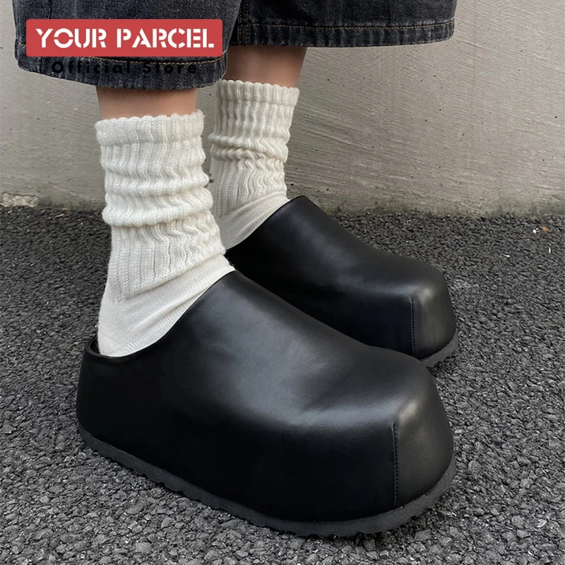 Black Boken leather shoes for men's thick soled design slippers summer new big toe mules shoes outdoor