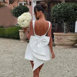 White Pearl Backless Bow Bodycon Mini Dress Women 2024 Elegant Sexy Waist Wrap A-line Dresses 2024 Fashion Evening Party Vestido