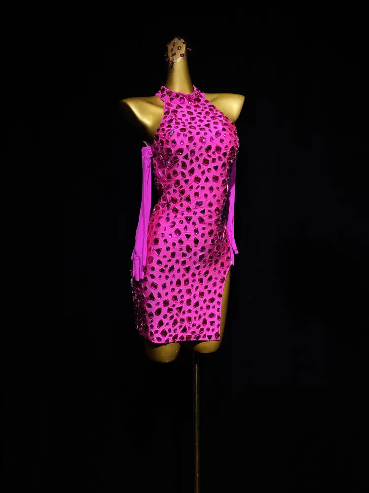 Lateinamerikanisches Tanzkleid AB Stone für Damen, Erwachsene und Kinder, hochwertiges, maßgeschneidertes, rosarotes Kristallblumenkleid, schwarzes Samba-Auftrittskleid für den Pool