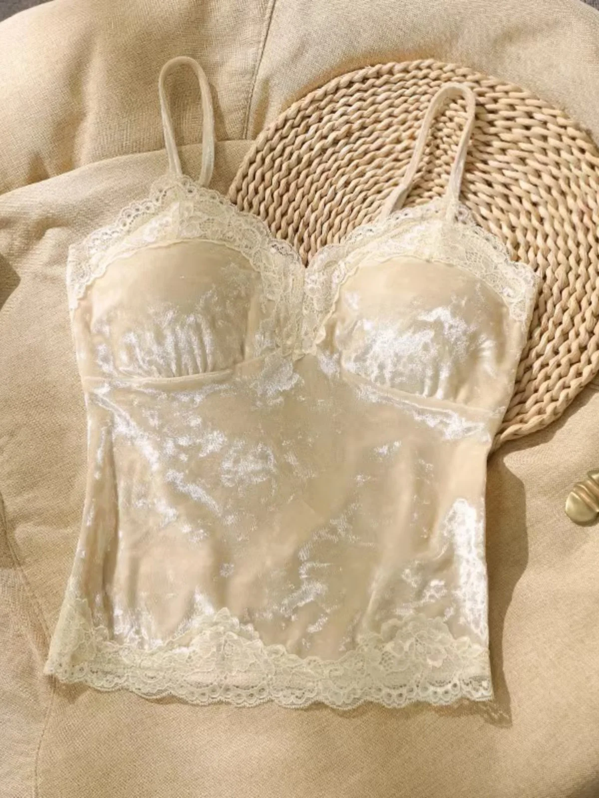 

Autumn Winter Gold Velvet Strapl Vest Women's New 2024 Outerwear Beautiful Ba Bra Inteated Inner Wear Top