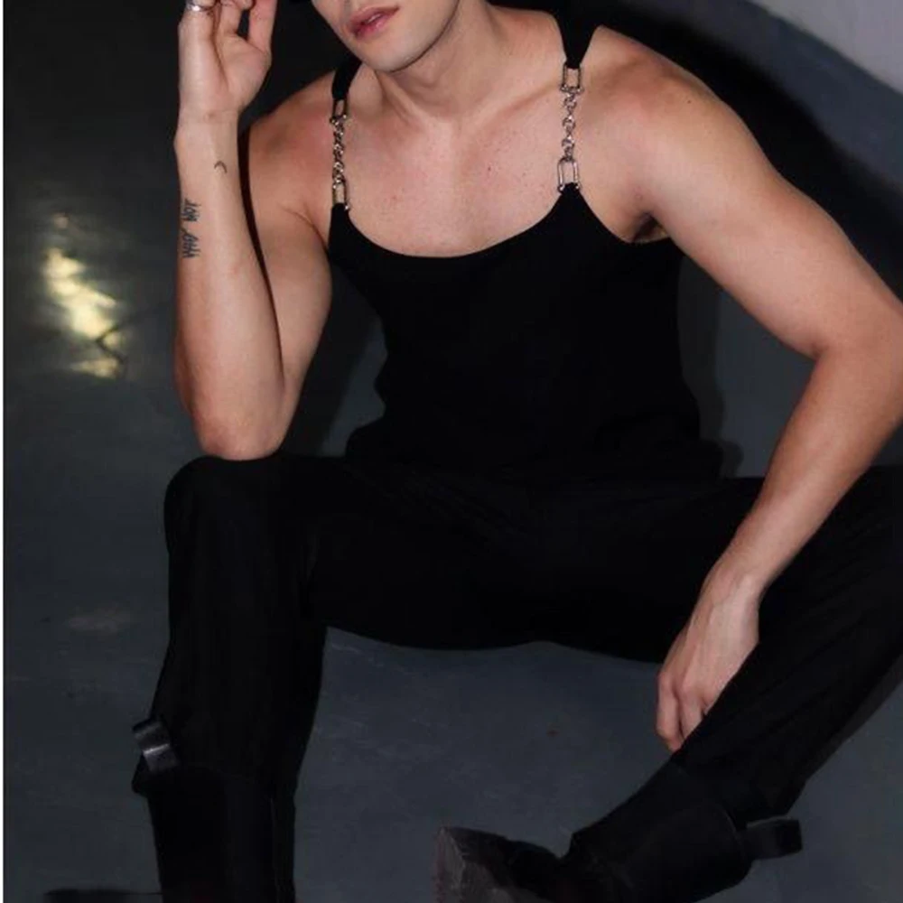 Summer New Men's Solid Color Metal Chain Camisole Vest Korean Retro Fashion Trend Street Casual Slim Breathable Niche Men's Tops