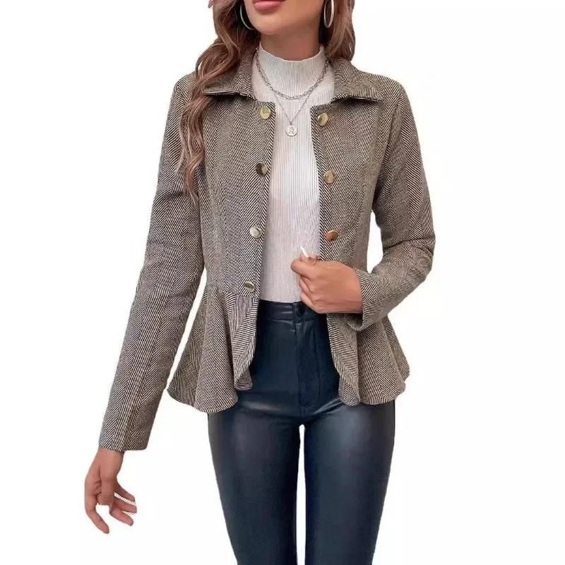 

Autumn 2024 Women's Fashion Commuter Polo Collar Jacquard Ruffle Edge Slim Fit Double Breasted Temperament Office Suit Coat