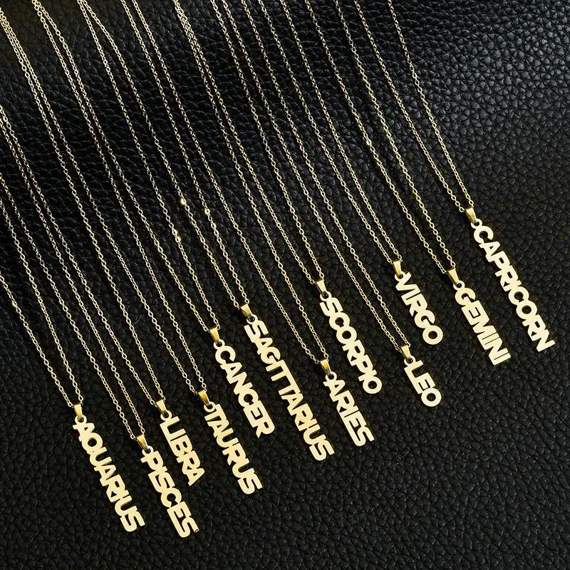 12 Zodiac Sign Necklace For Women Stainless Steel Constellation Letter Pendant Chain Men Trendy Birthday Waterproof Jewelry Gift