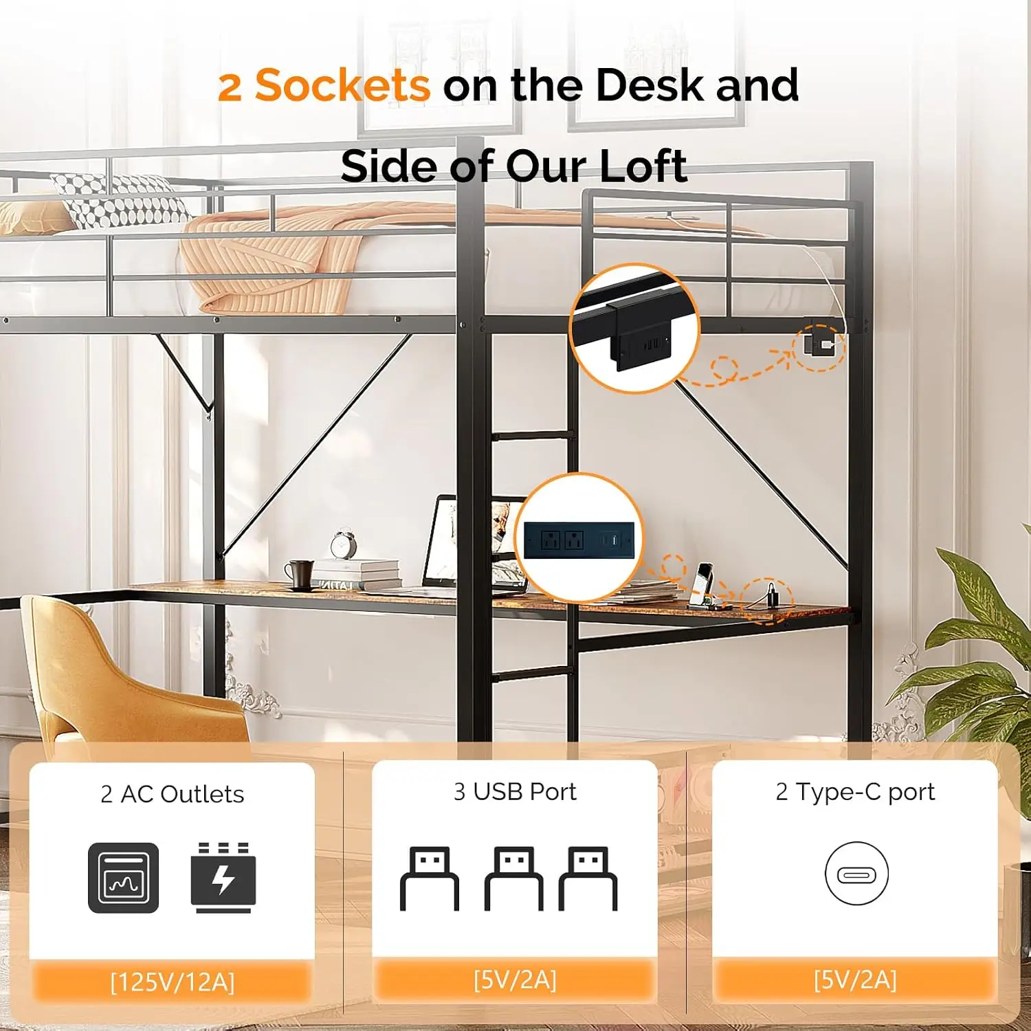 Queen Loft Bed with 15 Inch Guardrail,Led Lights and Desk Underneath, Industrial Metal High Sleeper with 2 Charging, Customized - view 3