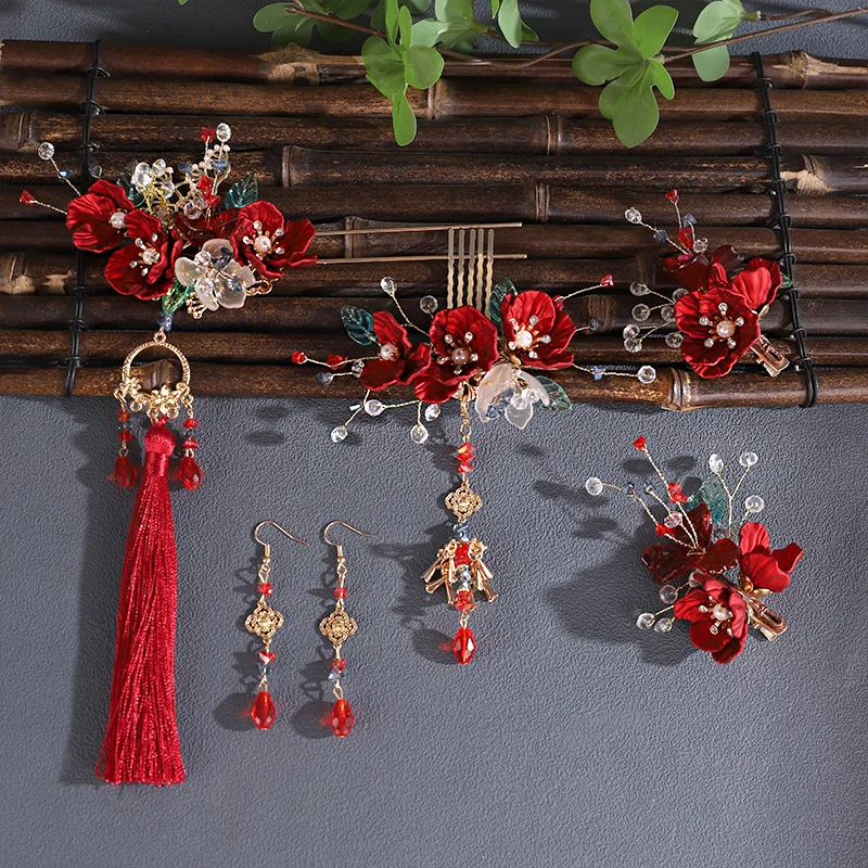 Заколки для волос с красным цветком, винтажная заколка для волос с кисточкой-бабочкой, ювелирные изделия, китайские аксессуары для волос Hanfu, платье на заказ, головной убор, подарок