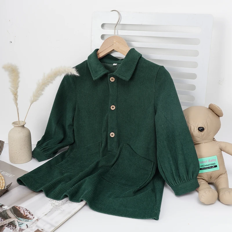 Lässiges Cordkleid für Mädchen 2026 Retro Herbst Neu Kinderkleid mit Revers Knöpfen Langarm mit Taschen Winterkleidung – Detail 26