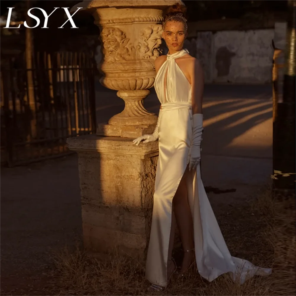 LSYX High Neck Cut-Out Sleeveless Satin White Wedding Dress High Side Slit Cut-Out Back Sweep Train Bridal Gown Custom Made