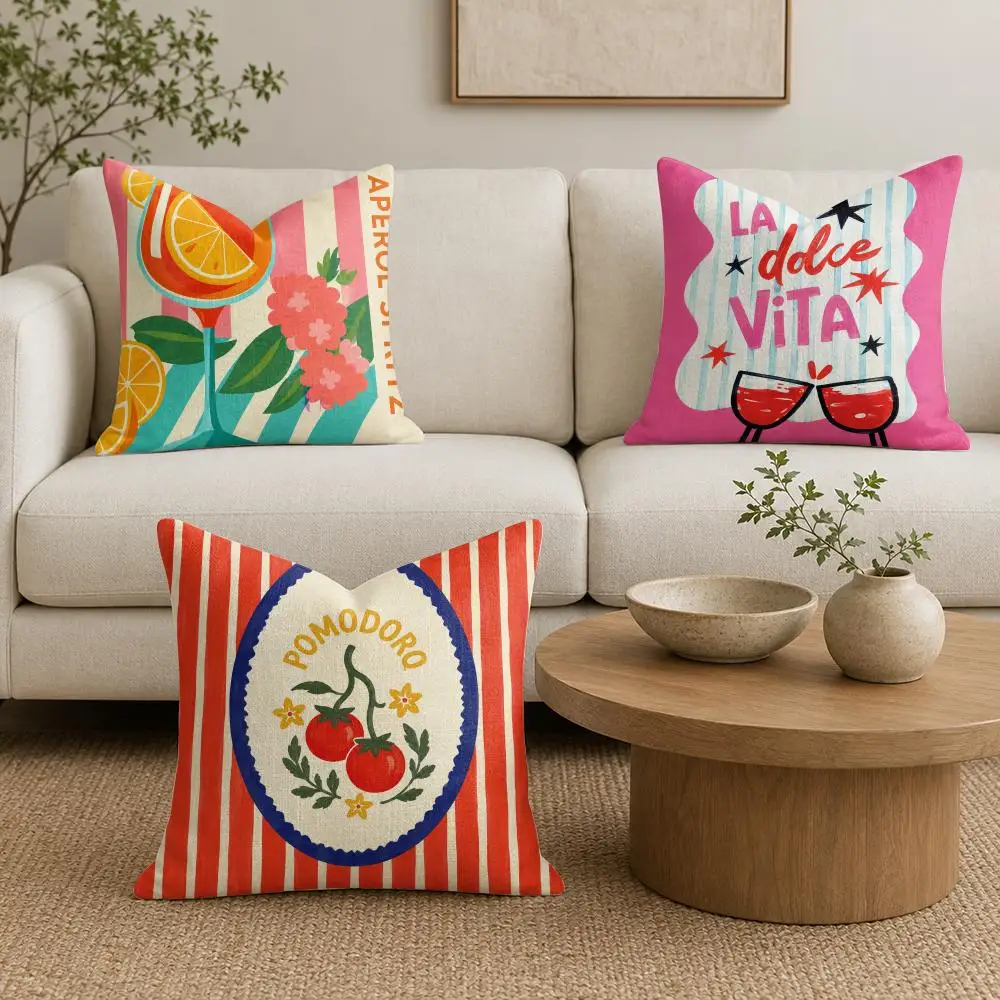 Dolce Vita Summer Cushion Cover Organic Linen Throw Pillow Cover - Double-Sided Print Breathable Cushion Case Home Decor