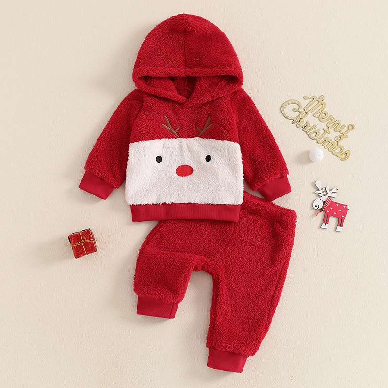 

Suefunskry Baby 2Pcs Fall Outfits Long Sleeve Fleece Chick Hoodies and Trousers Christmas Set Toddler Warm Clothes