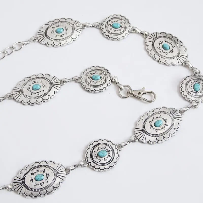 

31BB Western Turquoise Belt Conchos Chain Chain Belt For Women Waist Chain Belt Belly Chain For Dress Turquoise Waist Chain