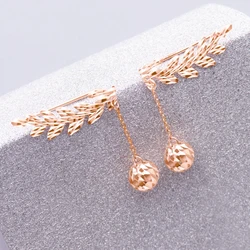 585 purple gold romantic foliage ear studs 14K rose gold geometric round bead sweet drop earrings for women wedding high jewelry