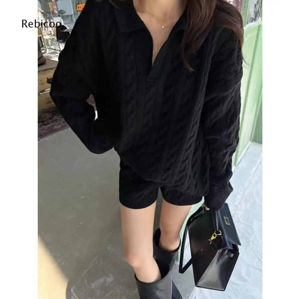 Relaxed Knitted Sweater Shorts Outfit For Women Cable Texture Polo V Neck Long Sleeve Top And Shorts For Everyday Wear
