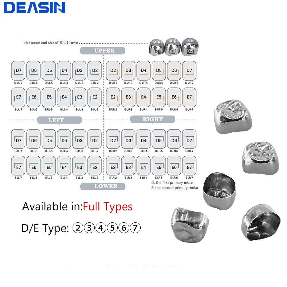 5pc/box Dental Stainless Steel Crown Kids Primary Molar Refill for Upper/Lower Left/Right Crowns Molar Teeth Dentistry Equipment