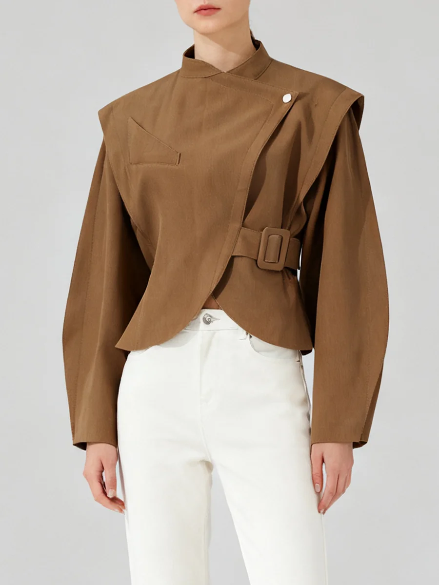 VGH Solid Temperament Loose Spliced Lace Up Short Jackets For Women Stand Collar Long Sleeve Autumn Designer Party Coat Female