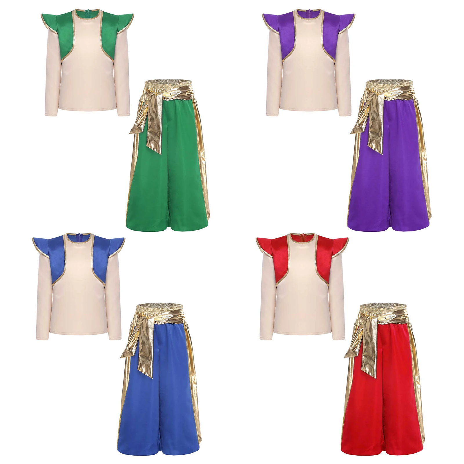 Kostum Cosplay Pangeran Arab Anak Laki-laki Pakaian Roleplay Halloween Atasan Kemeja Lengan Panjang dan Set Celana Harem Mengkilap Metalik