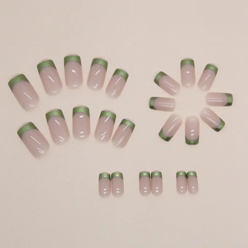 Uñas postizas decorativas simples para niñas, de longitud media uñas artificiales, cuadradas francesas verdes, baratas, 24 unids/set