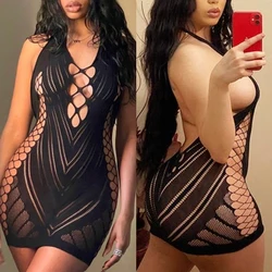 Kobiety ubierają czarne seksowne uwodzenie Babydoll Mesh przezroczysta Mini sukienka przezroczysta Halter Wrap Hipster bielizna sukienka odzież klubowa