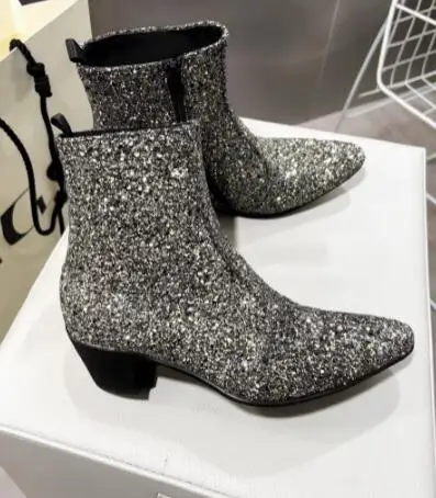British Style Sliver Bling Glitter Sequined Med Heels Chelsea Boots Man Pointed Toe Zipper Side Height Increasing Ankle Boots