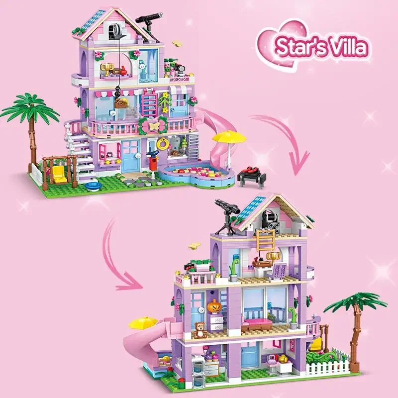 Ville amis fille Villa blocs de construction MOC trois étages bâtiment cocotier toboggan maisons figurines briques jouets pour enfants cadeaux