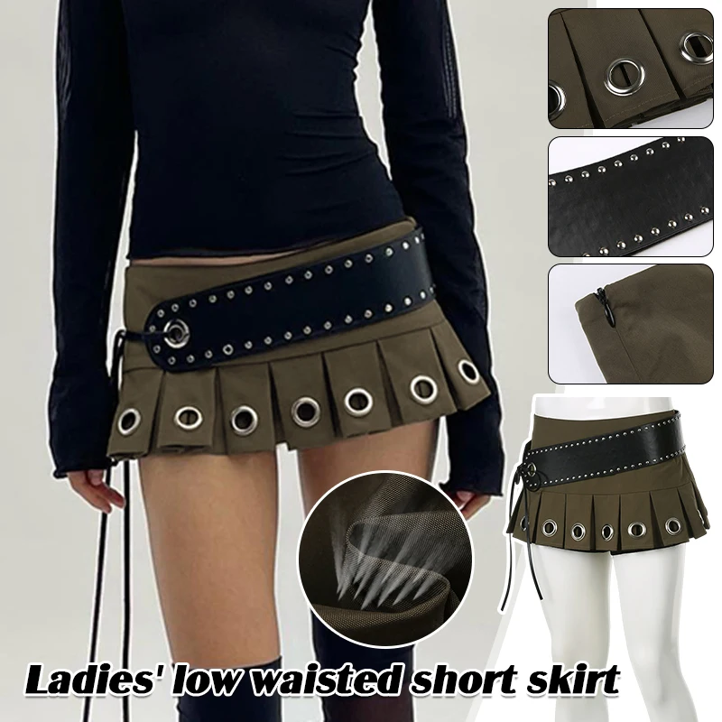 

Punk Low Waist Pleated Skirt Hot Sale Sexy Ultra Short Skirt Retro Dress Up Mini Pleated Skirt with Pu Belt 2024 Fashion New