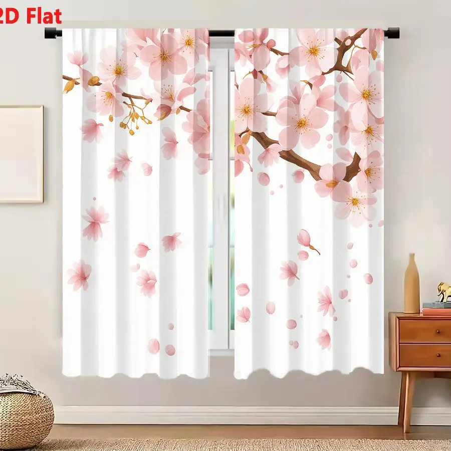 2Pcs Curtains 2D Flat Delicate Cherry Blossom Illustration With Falling Petals On White Background Window Drapes for Bedroom Roo