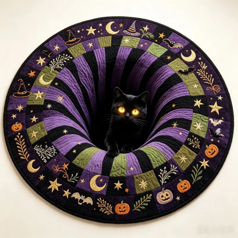 Spooky Halloween Round Rug 3D Abyss Vortex Visual Illusion Carpet Quilted Pumpkin Ghost Tombstone Pattern Non‑slip Floor Mat