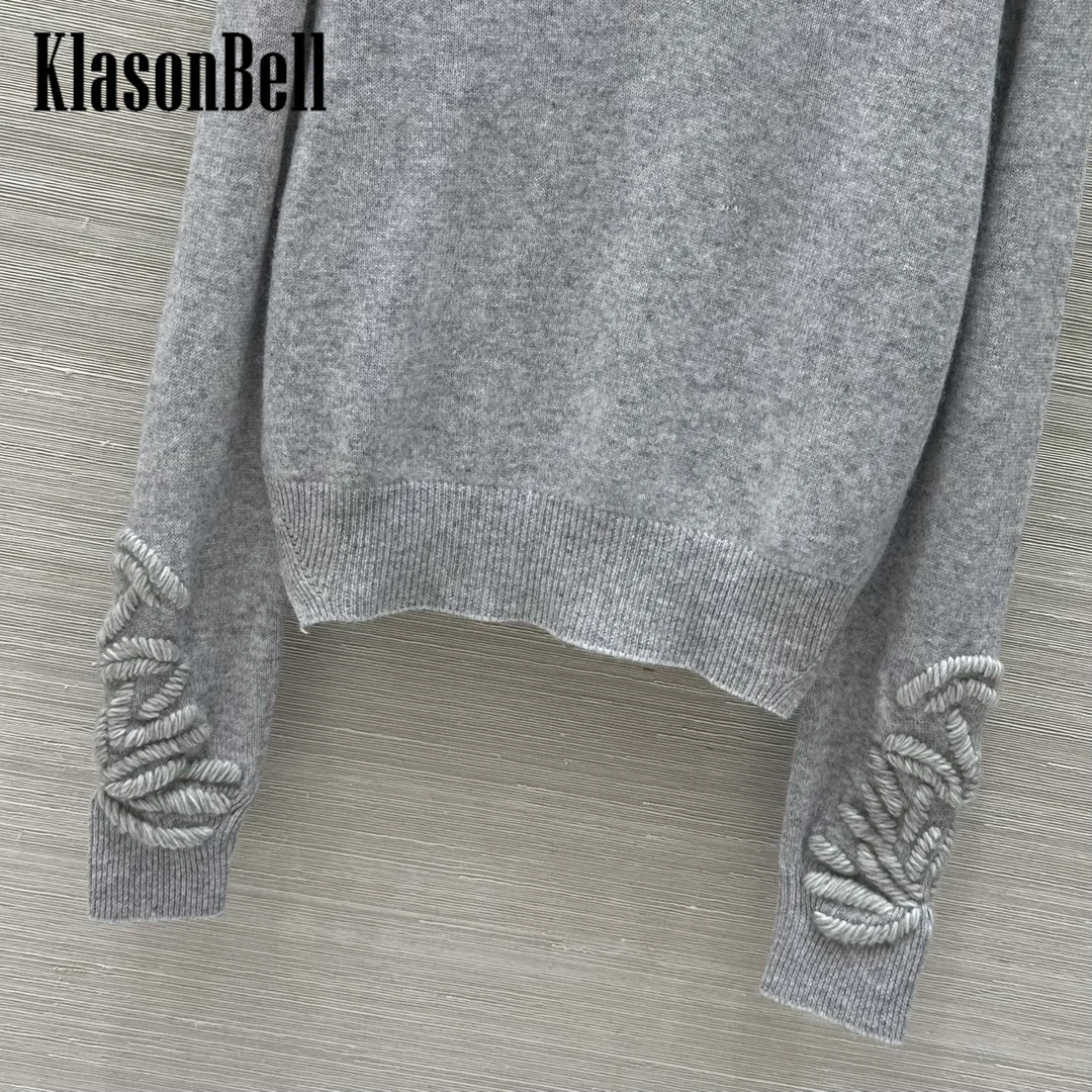 10.11 KlasonBell Women\'s Fashion Three-dimensional Hand Embroidery Jacquard Long Sleeve Knitwear V-Neck Cashmere Knit Sweater