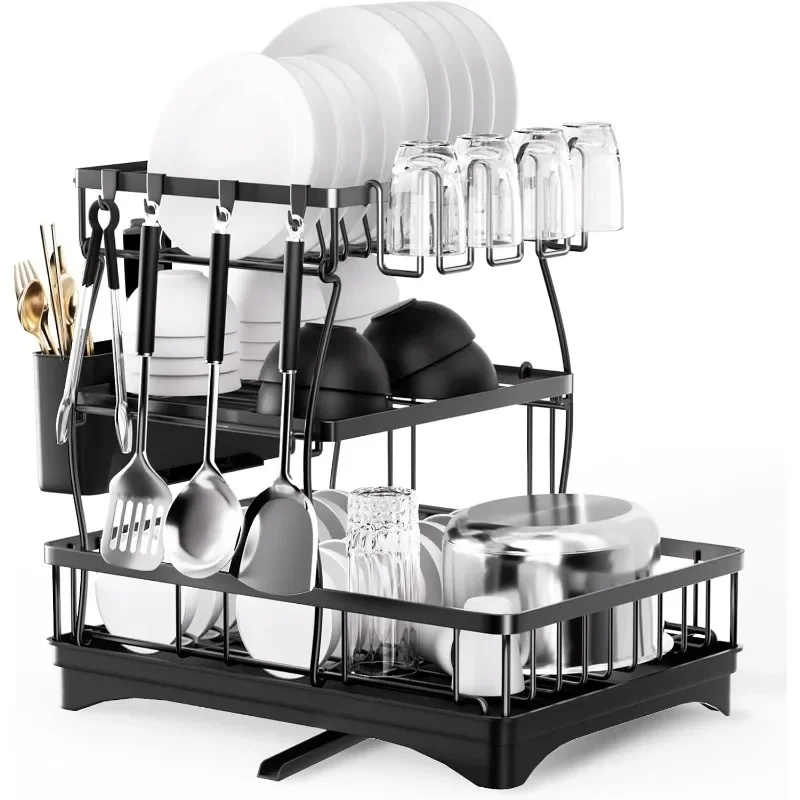 

Dish Drainer Rack for Kitchen Counter, Large Capacity, Drying Rack with 360 ° Rotating Drainboard, 3 Tier