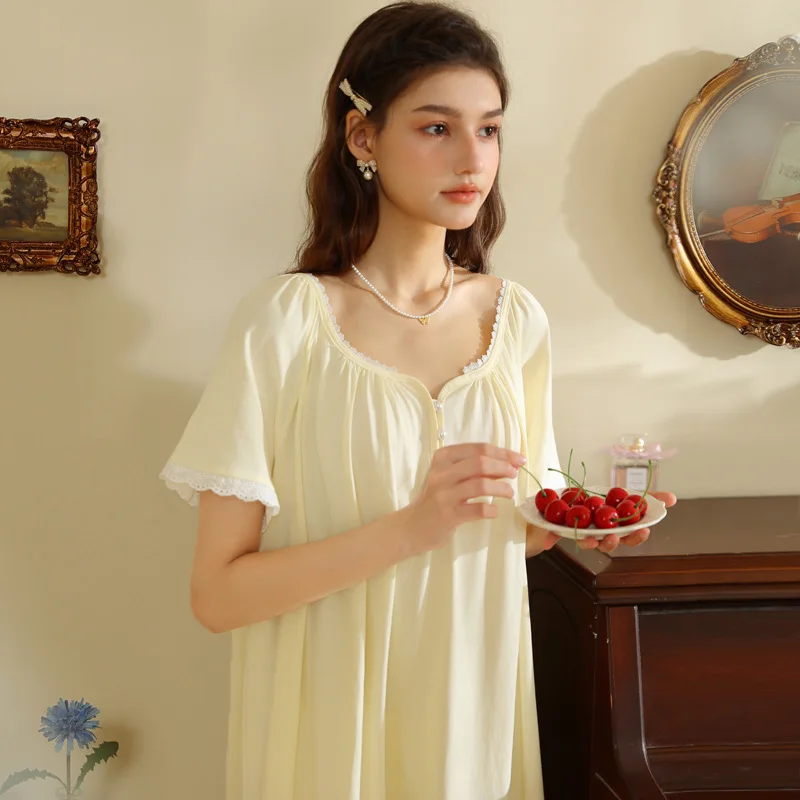 ผู้หญิงหวานแขนสั้นผ้าฝ้าย Nightdress รอบคอหลวม Nightie Casual PLUS ขนาดชุดนอนยาวกลางลูกวัว Nightgowns