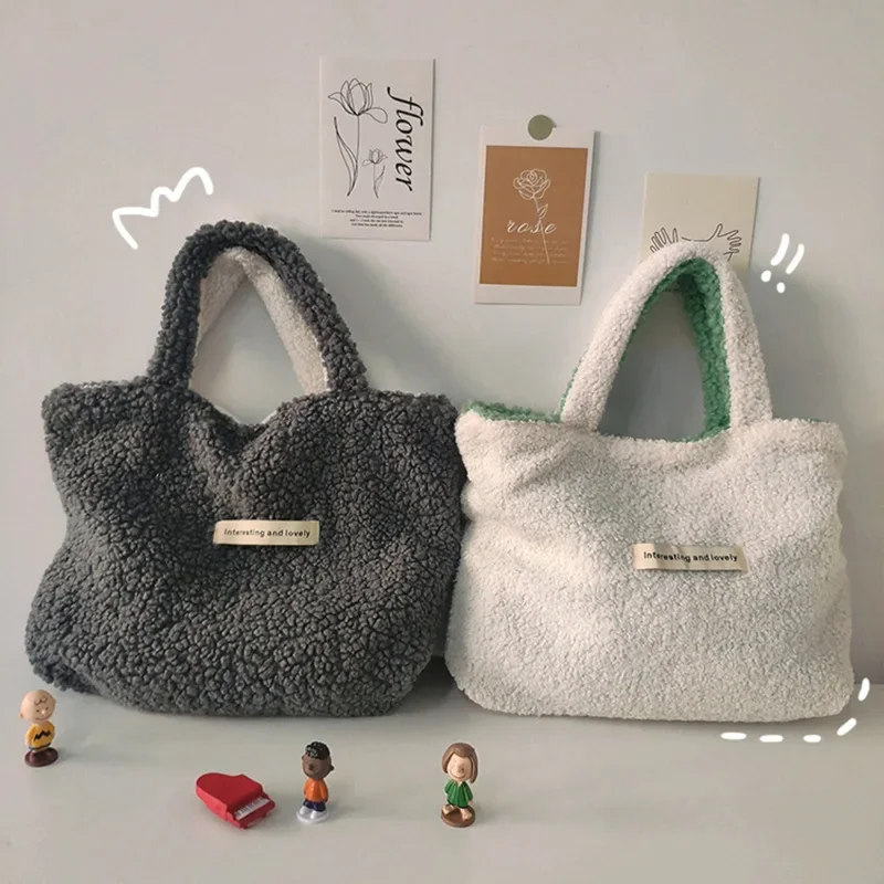 Faux Lamb Wool Women\'s Handbags Soft Plush Ladies Large Casual Tote Bag Winter Fashion Female Furry Shoulder Shopping Bags