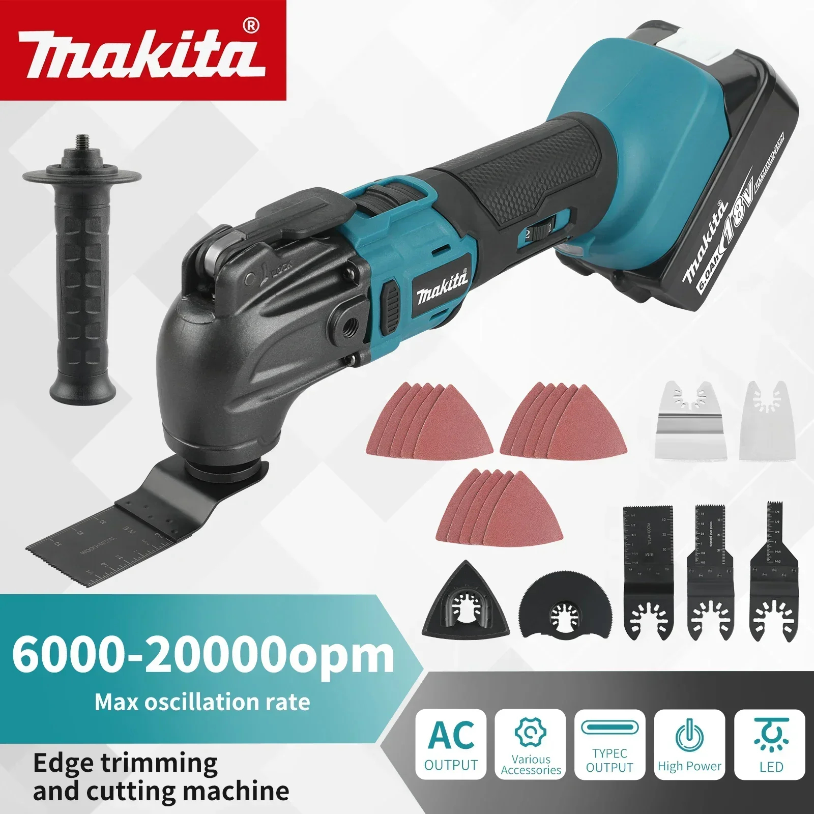 

Триммер Makita: аккумулятор Li-Ion 18/20В, 6 режимов скорости, длина 340-326 мм, многофункциональный для пиловки, резки, зачистки.