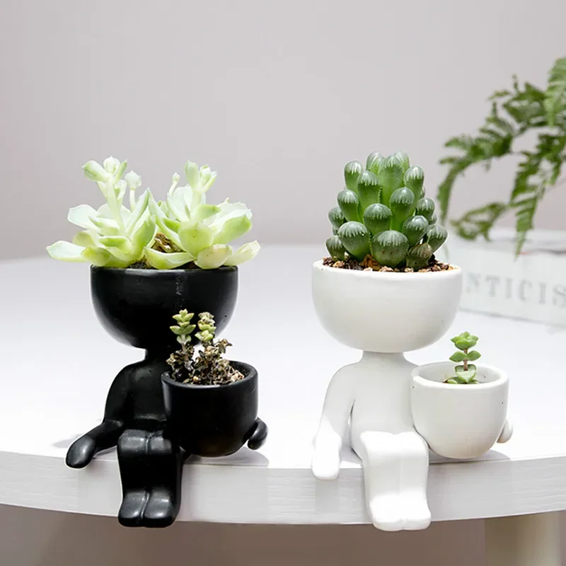 Humanoid Ceramic Flower Pot Character Sitting Posture Sculpture Vase Desktop Flower Arrangement Container Couple Gift Ornaments