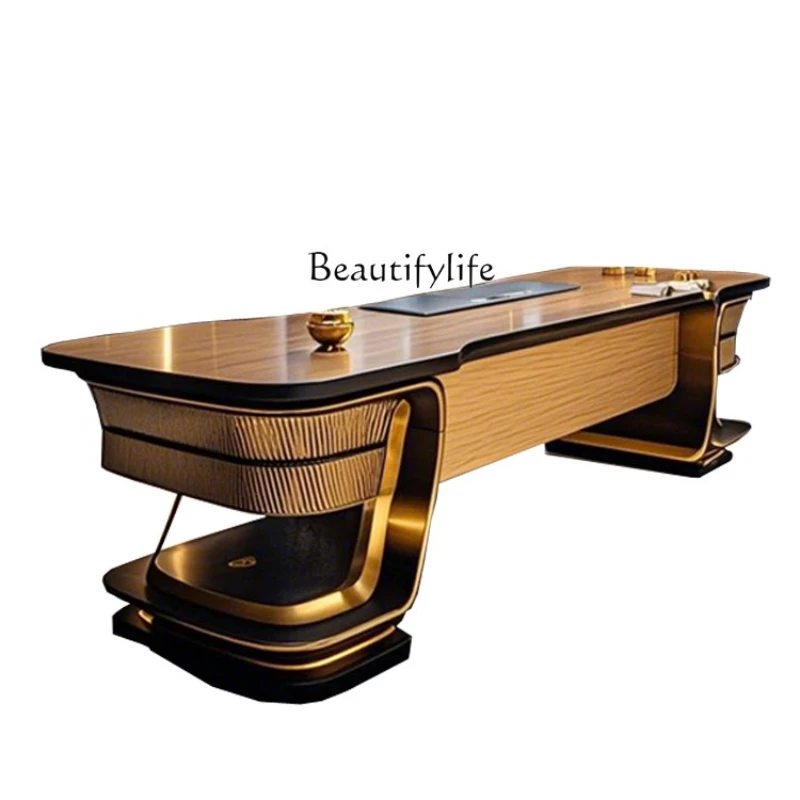 

Modern style boss table, technology desk, stainless steel office president table chairperson solid wood